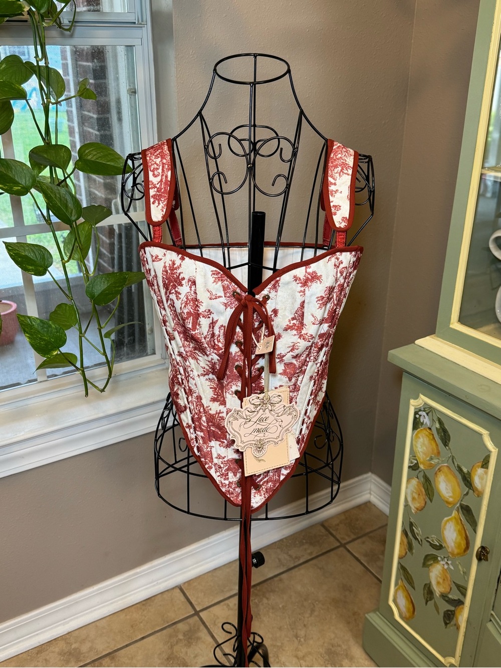 Red Toile Lace-Up Corset
